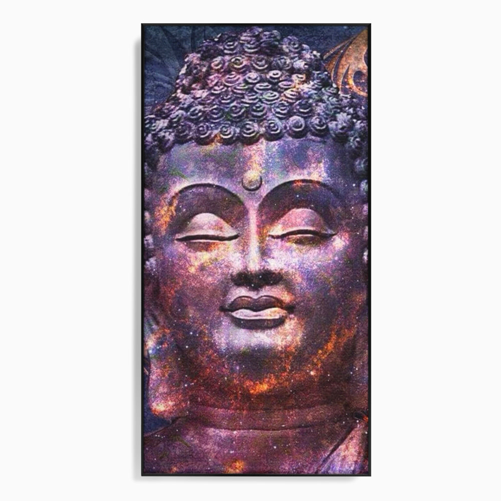 Tablou canvas cu tablou canvas cu capul lui buddha si universul, in rama de aluminiu negru